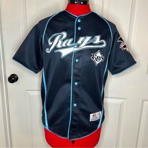 Tampa Bay Rays True Fan Button Down Jersey Short Sleeve Navy Youth M?